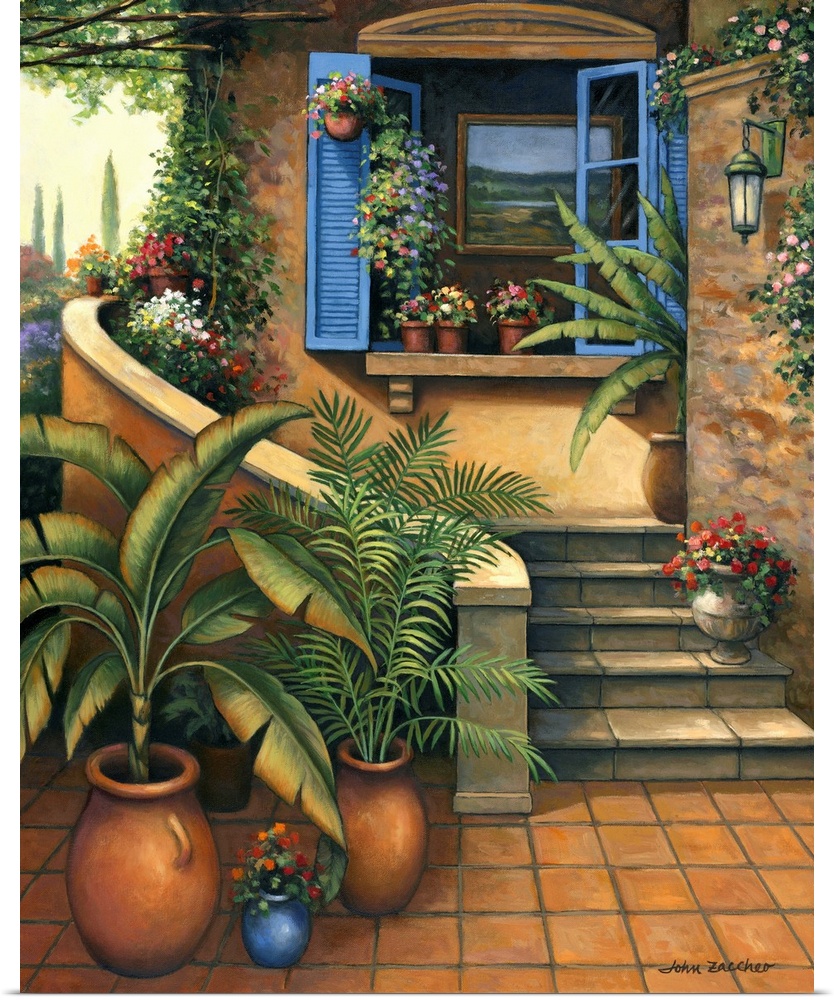 house patio with lots of plants and an open window