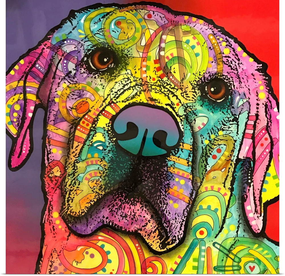 Square painting of a colorful Labrador face with graffiti-like designs on a red and purple background.