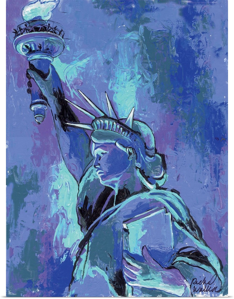 A portrait of the statue of liberty in violets and blues.
