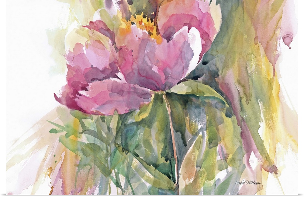 Contemporary watercolor painting of pink flowers.