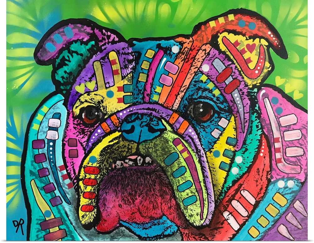 Contemporary stencil painting of an english bulldog filled with various colors and patterns.