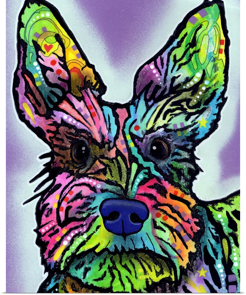 Painting of a colorful dog with abstract markings on a purple background with a light blue spray painted outline.