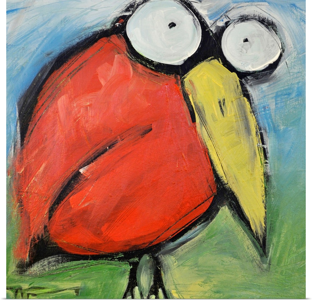 An energetic and delightfully goofy painting of a cartoonish red bird with bugging eyes on square shaped wall art.