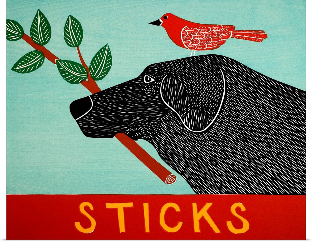 Illustration of a black lab with a red bird standing on its head and a leafy stick in its mouth.