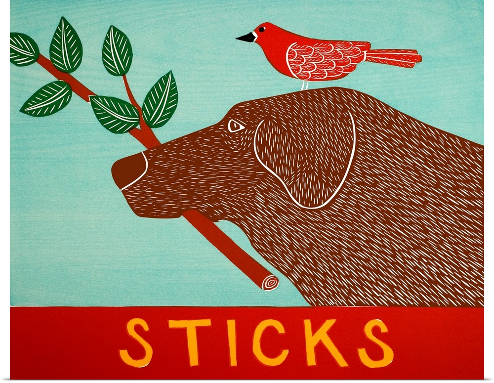 Illustration of a chocolate lab with a red bird standing on its head and a leafy stick in its mouth.