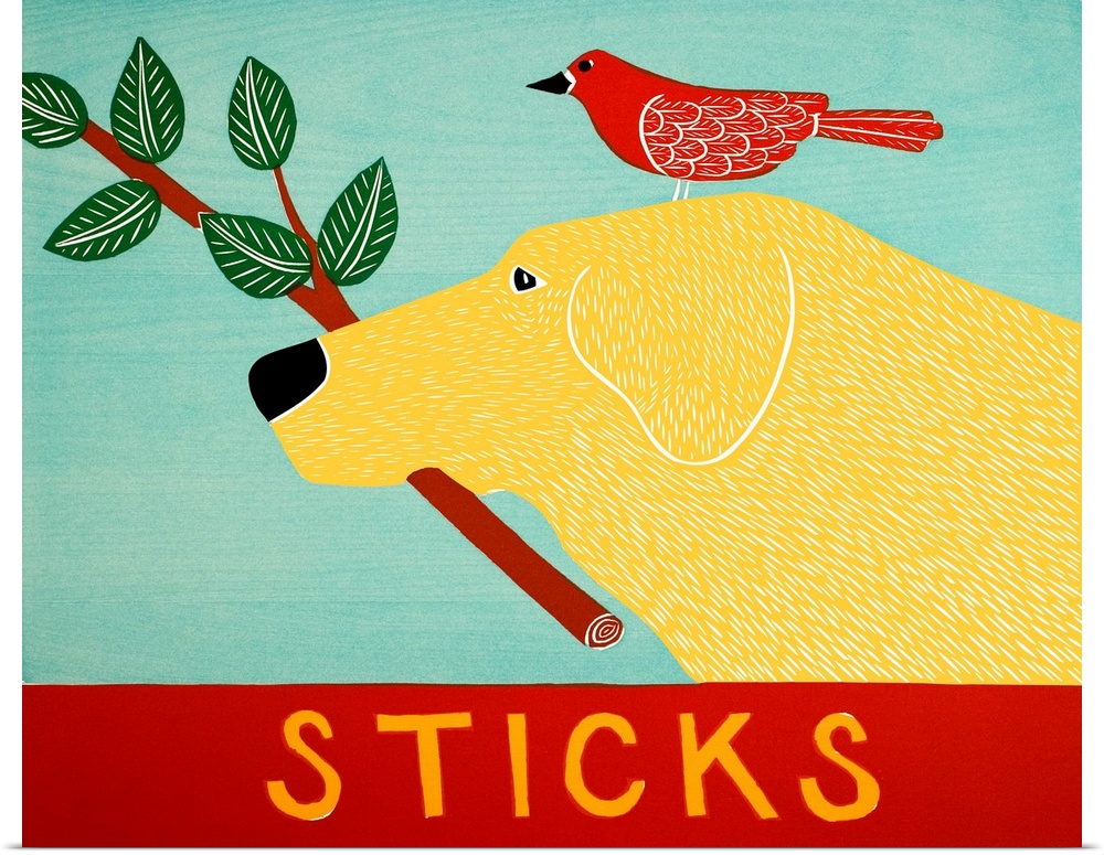 Illustration of a yellow lab with a red bird standing on its head and a leafy stick in its mouth.