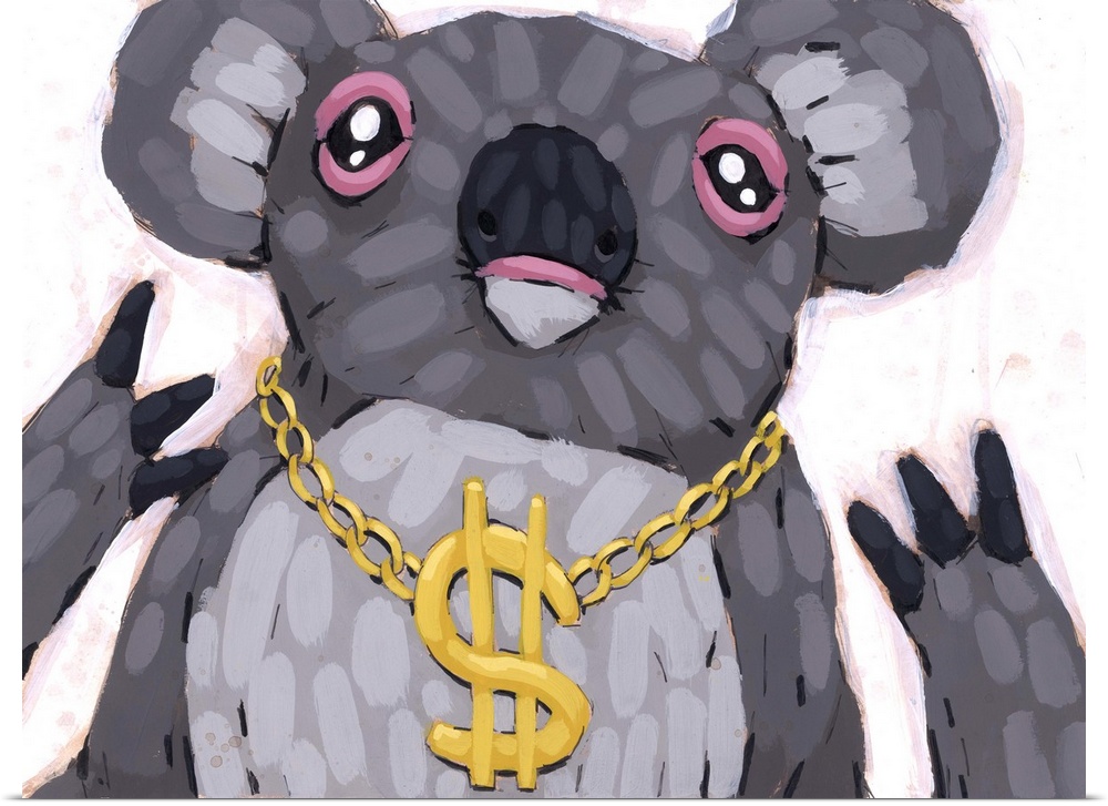 Pop art painting of a koala wearing a large gold necklace with a dollar sign pendant.