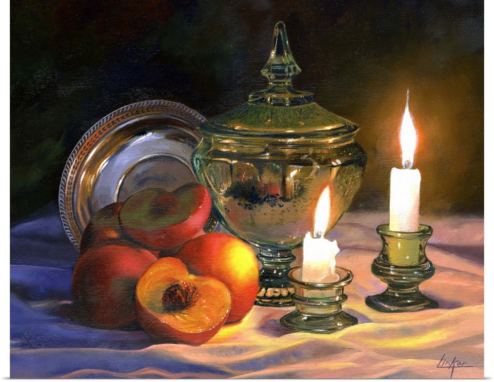 Contemporary still life of peaches and lit candles.
