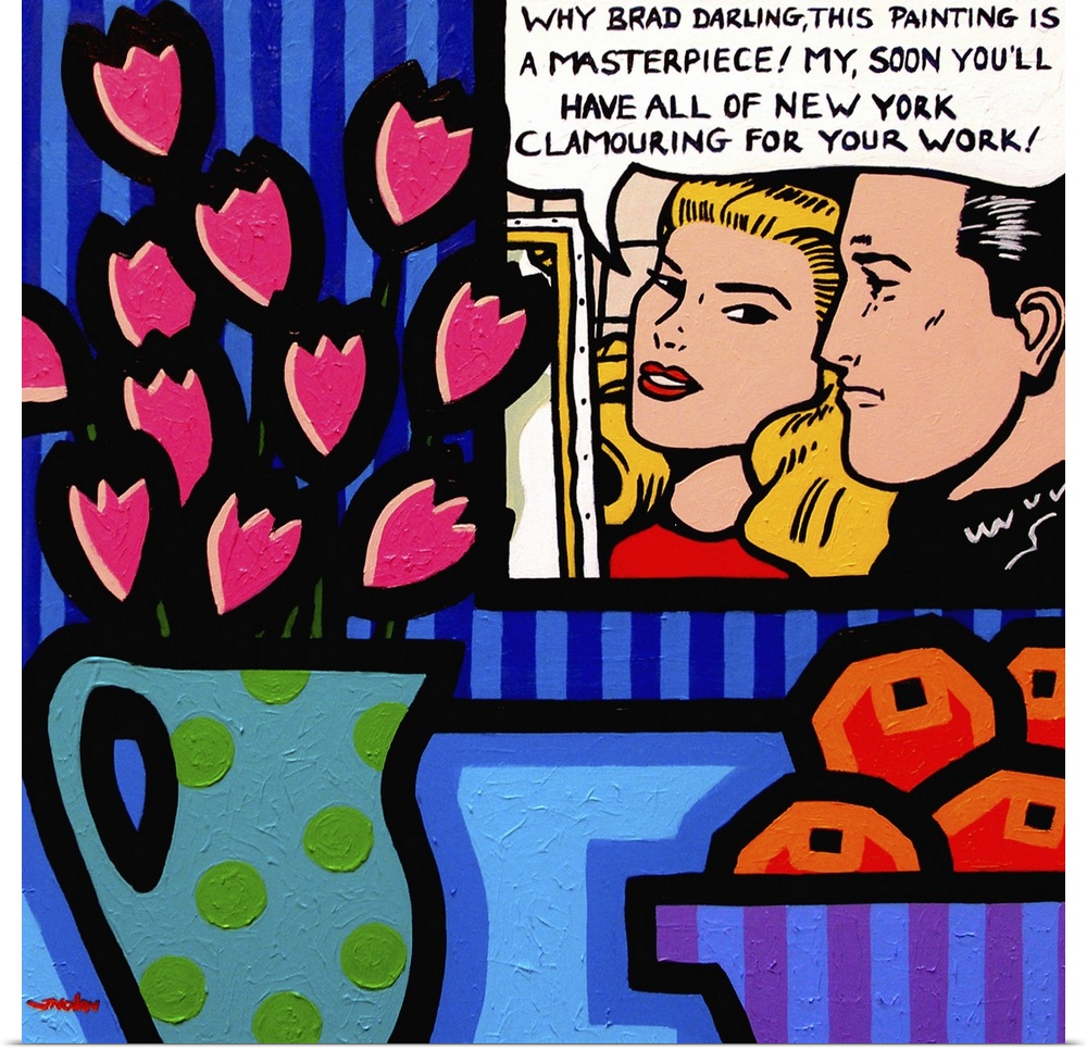 Still Life With Lichtenstein, woman, fruit, flowers, comic