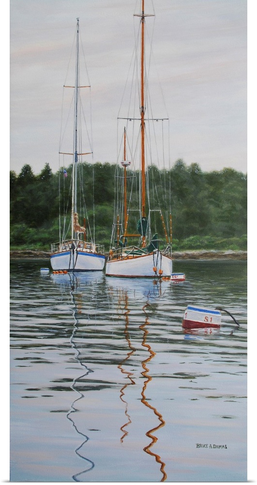 Contemporary artwork of two tall sailboats in the water.