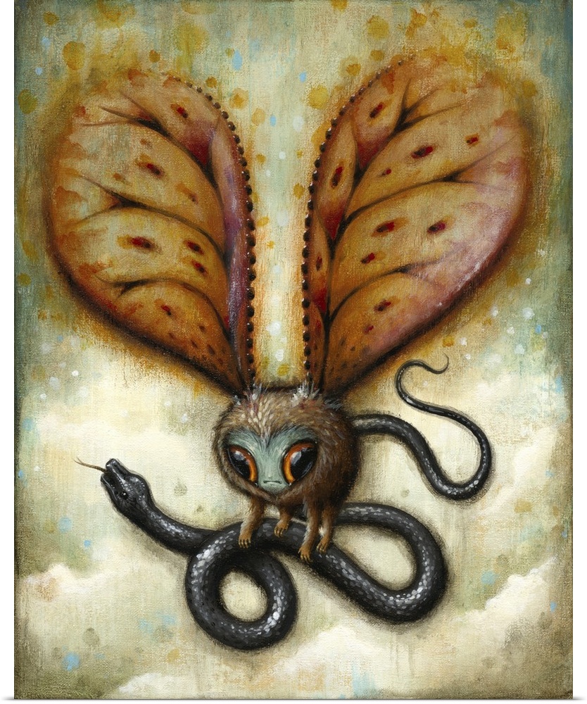 Surrealist painting of a winged creature carrying a snake in the air.