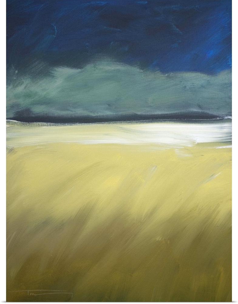 Contemporary landscape painting of dark storm clouds approaching on the horizon.