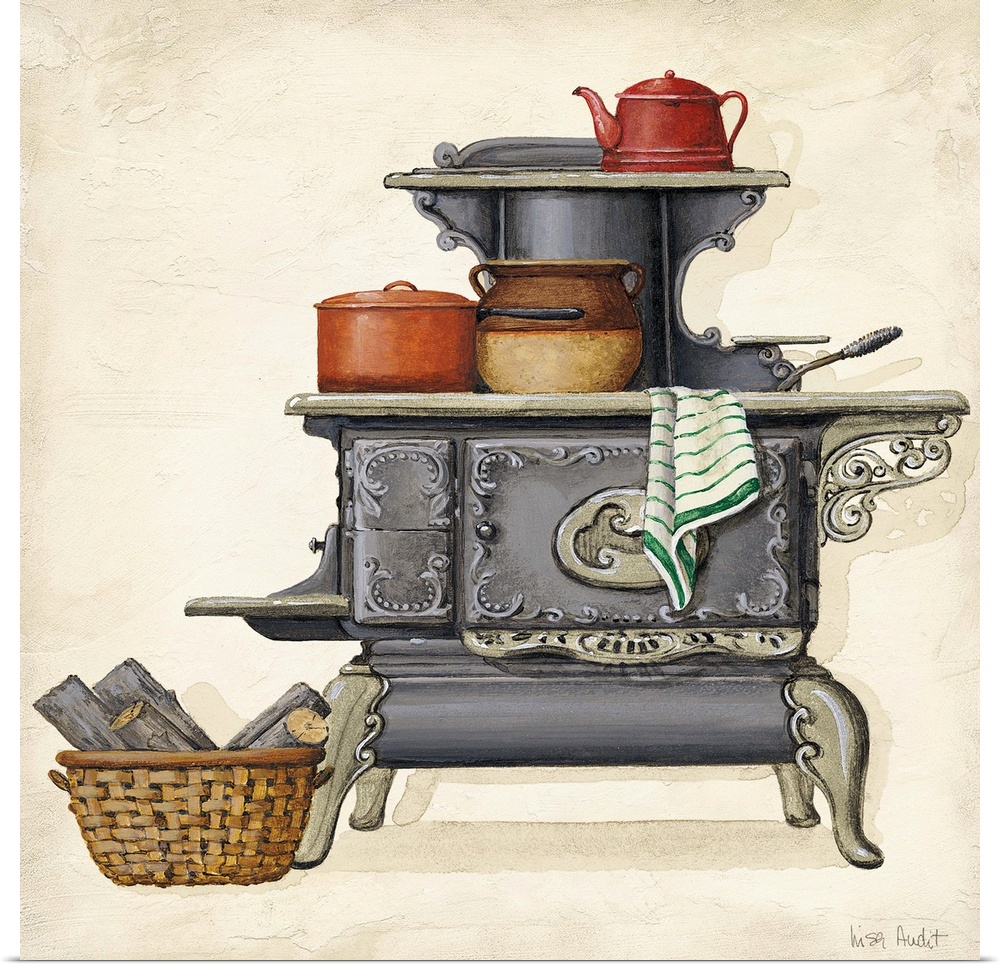 Old fashioned stove with beanpot, teapot and towel.  Basket of wood on floor.