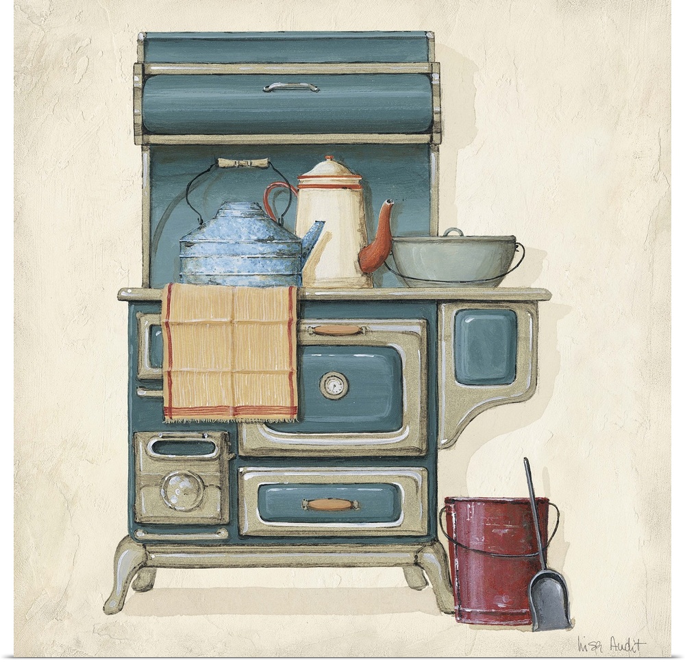 Old-fashioned blue and white stove with kettle, coffeepot and towel.  Bucket and ash shovel on floor