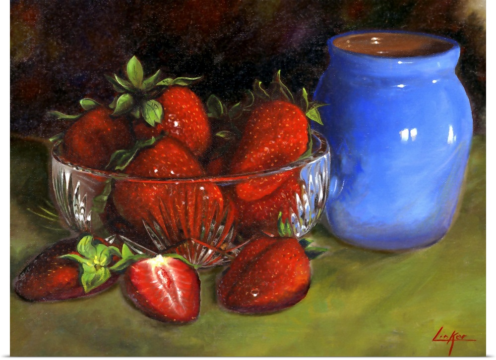 Contemporary still life painting of a dish of strawberries next to a small ceramic vase.