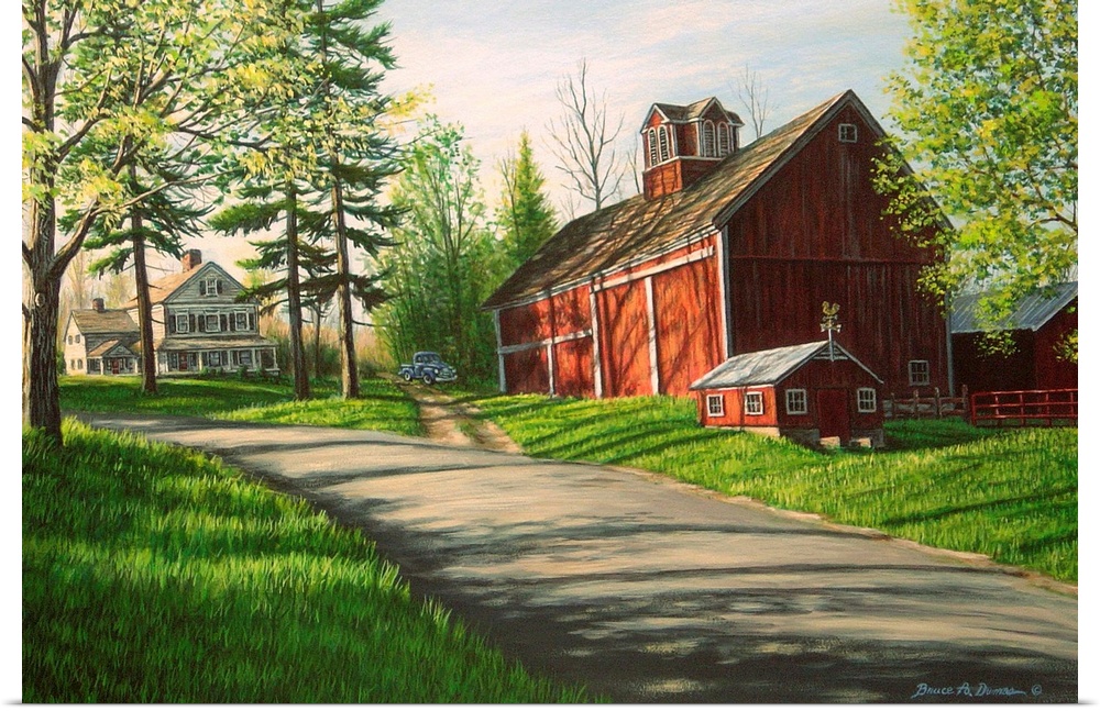 Contemporary artwork of a farm and farmhouse.