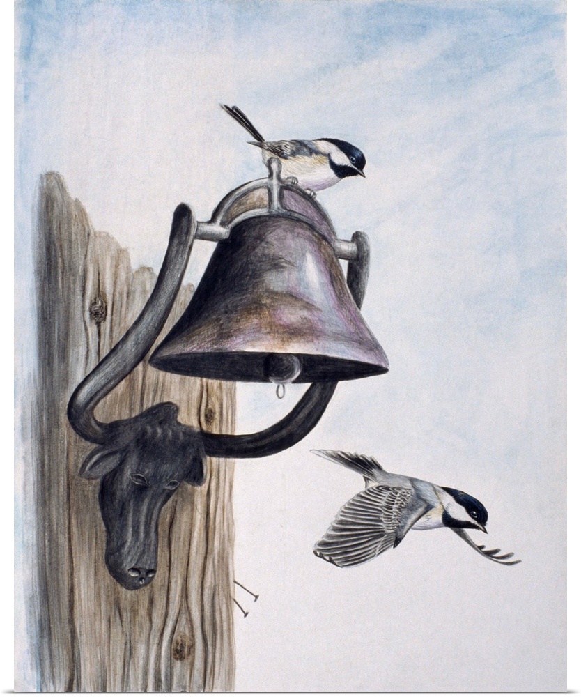 Two chickadees, on perched on the bell and one flying away from it.
