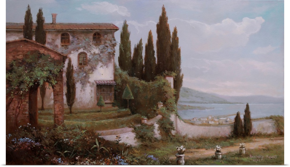 A very traditional style painting of a lakeside villa in Italy on a warm summers day