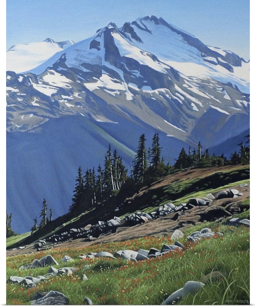Painting of a snow topped mountain peak and a wilderness landscape in green on the foreground.