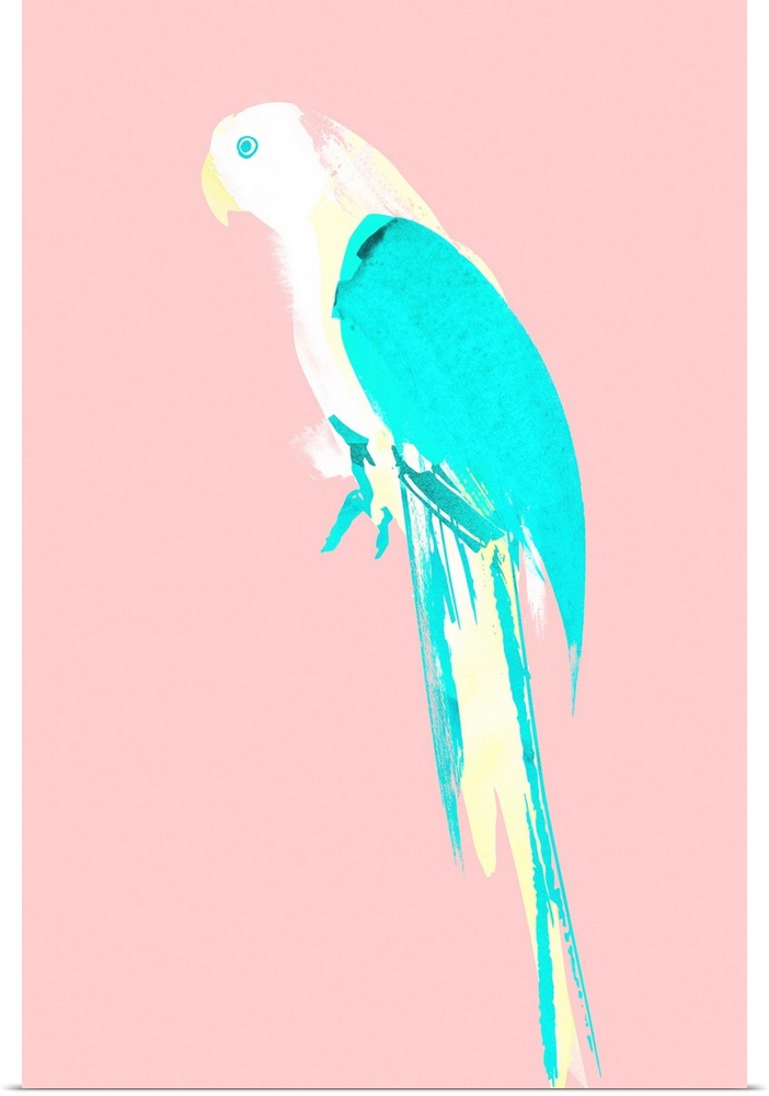 Pop art of a pastel-colored parrot on a light pink background.