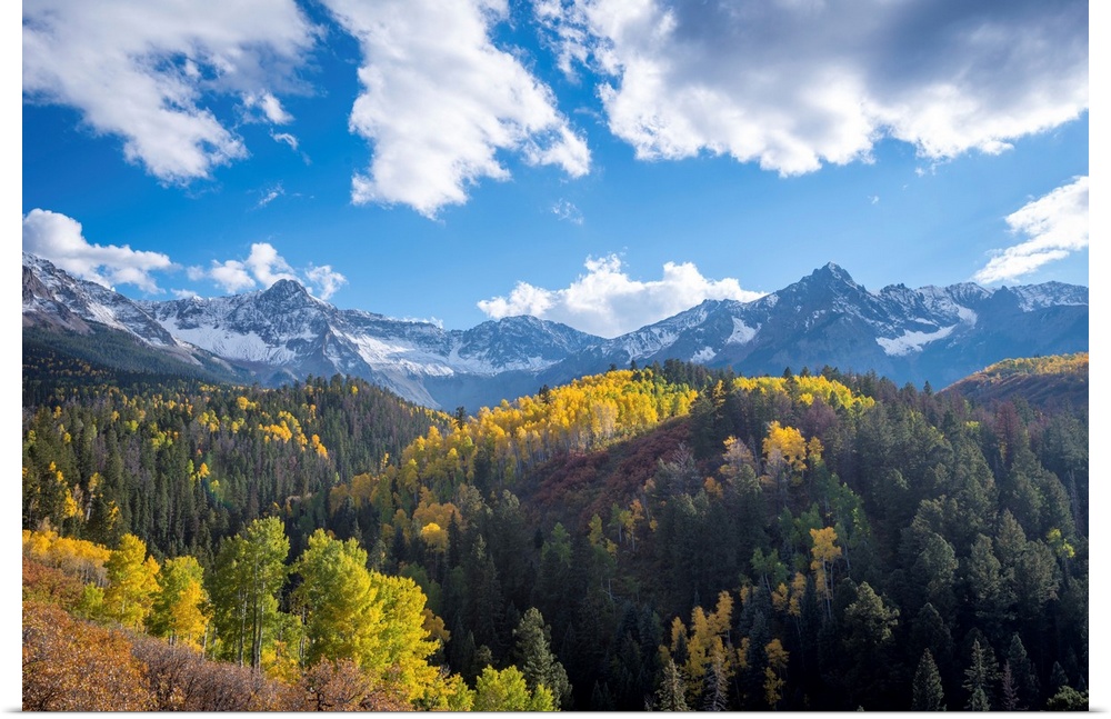 Landscape photograph of Autumn tree covered hills and snow covered mountains in the distance under a bright blue cloudy sky.