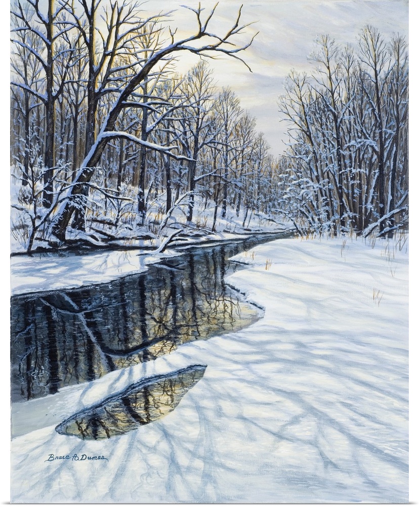Contemporary artwork of a winter forest scene with a partially frozen pond or stream.