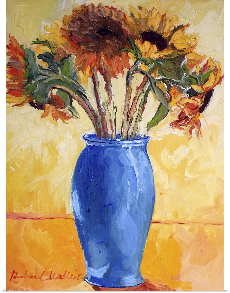 Contemporary colorful painting of sunflowers in a blue vase.