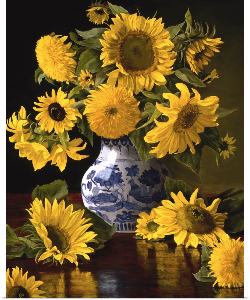 Contemporary still-life painting of big yellow sunflowers in a Chinese vase.