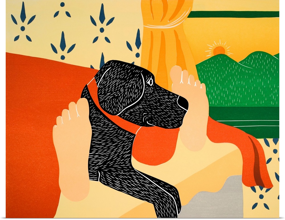 Illustration of a black lab laying in the middle of its owners feet at the foot of the bed in the morning.