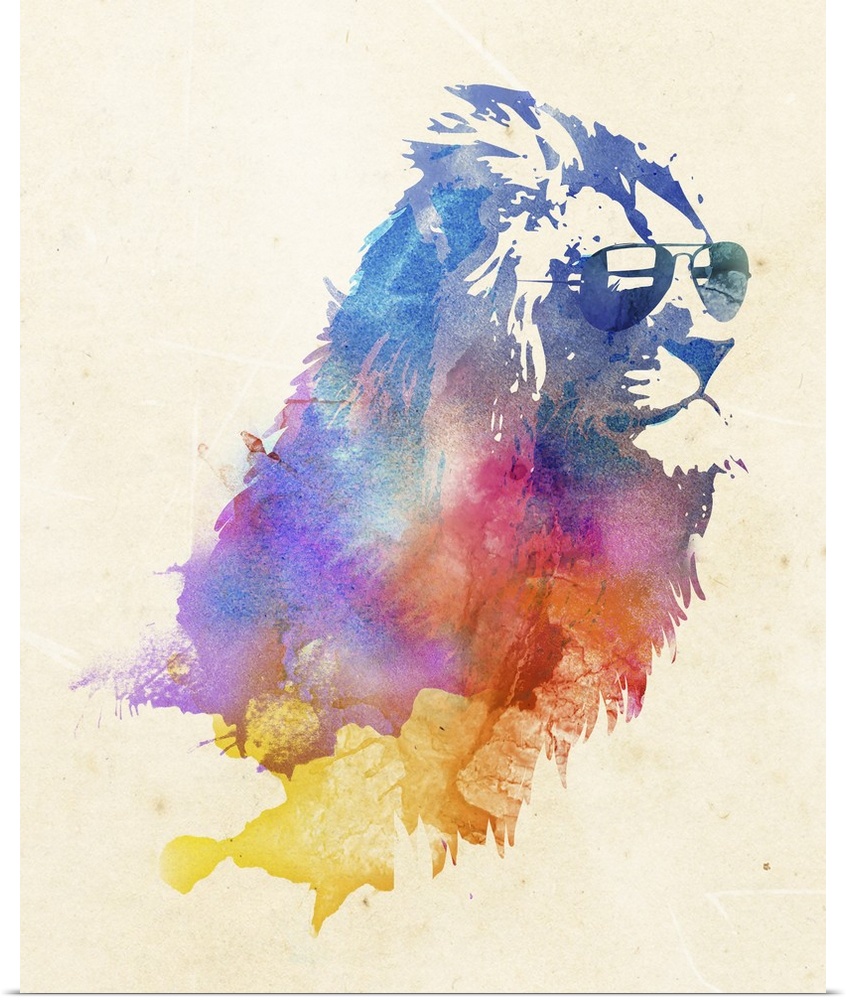 Contemporary artwork of a watercolor lion wearing sunglasses.