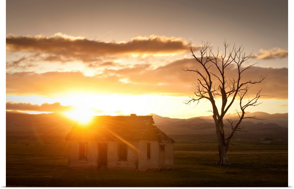 Landscape photograph of an old abandoned house in a field with mountains in the background and the sun shining right on th...