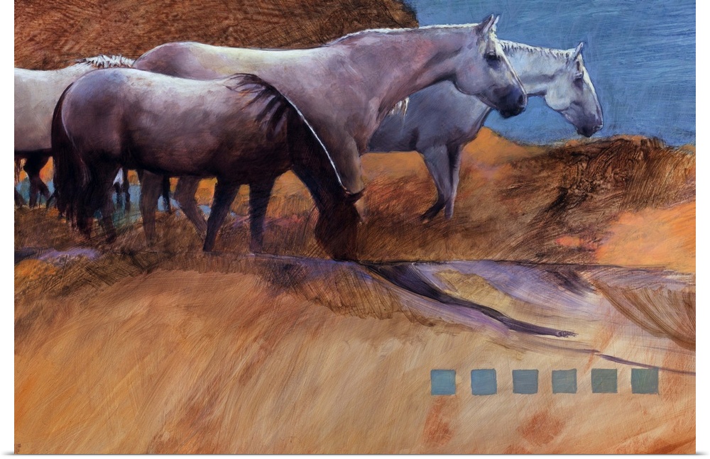 Contemporary western theme painting of horses grazing on desert plains.