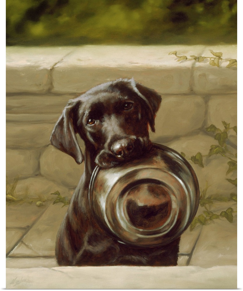 Contemporary painting of a black lab holding its food dish in its mouth.