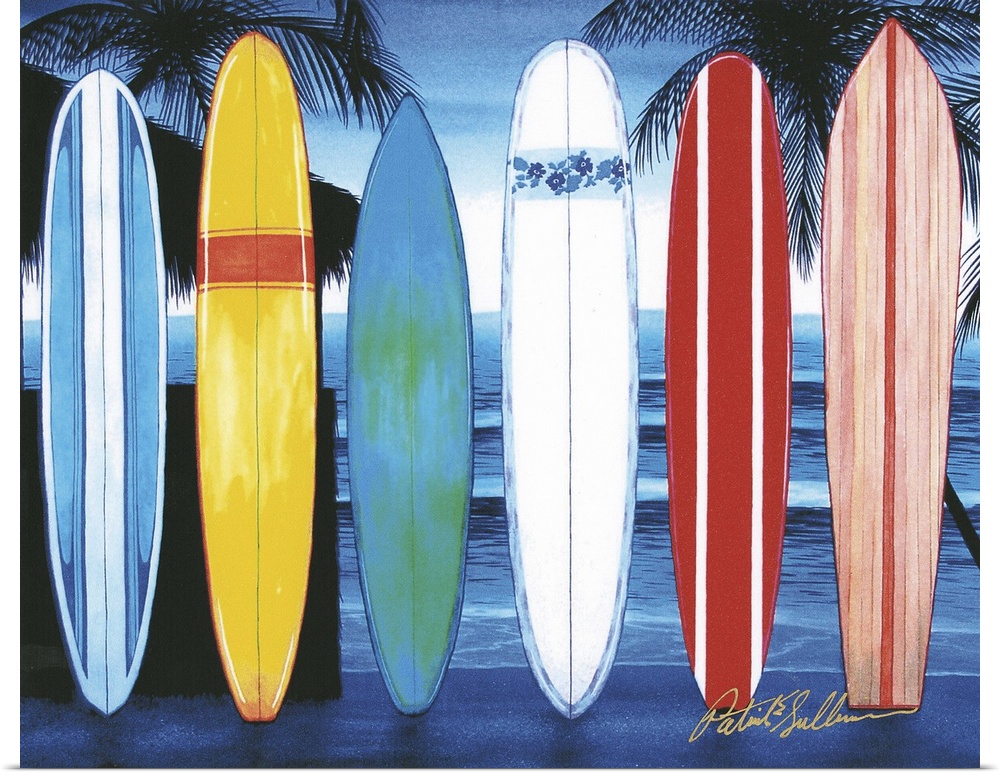 Contemporary painting of surfboards lined up on a tropical beach.
