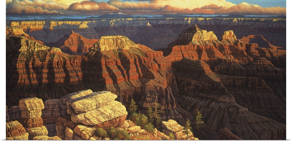 A beautiful vista of the Grand Canyon and it's many cliffs and mountains.