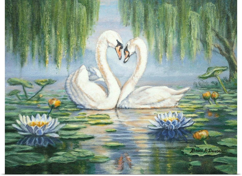 Contemporary painting of two swans under willow trees among lily pads, forming a heart with their necks.