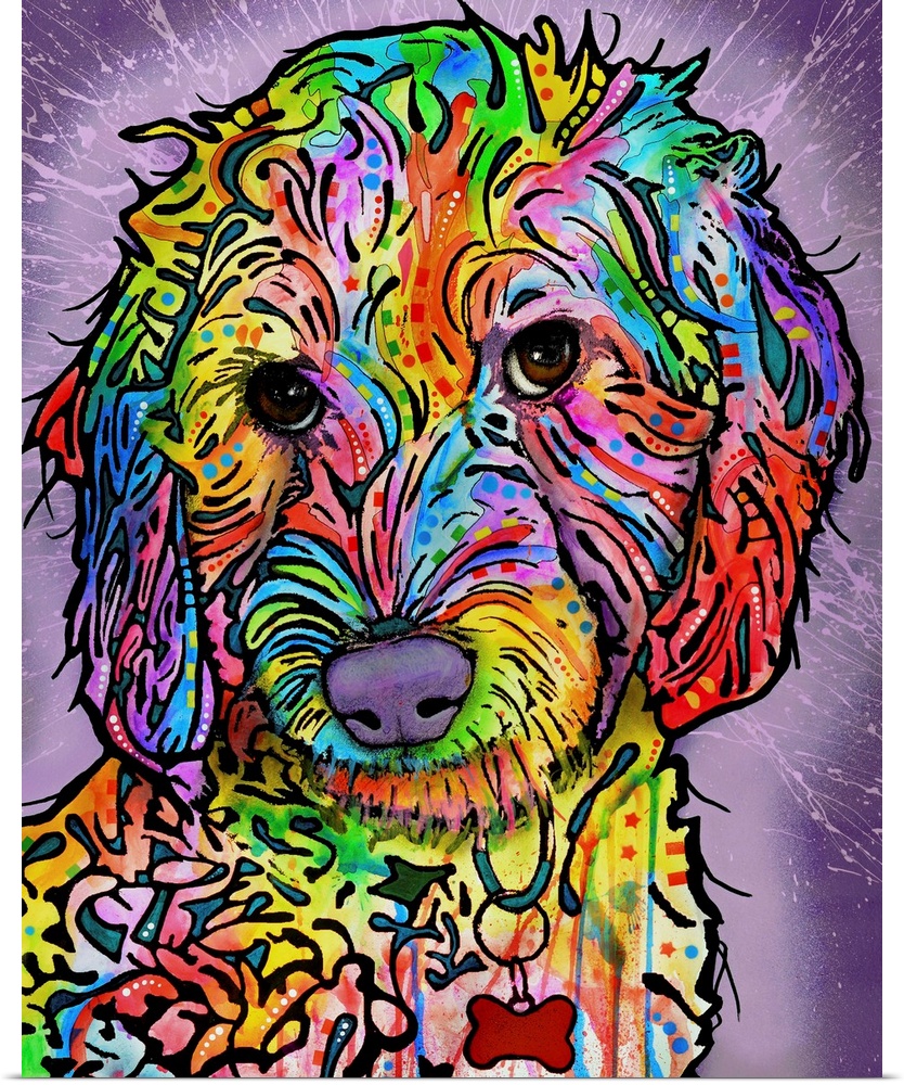 Vibrant painting of a poodle full of playful designs on a purple paint splattered background.