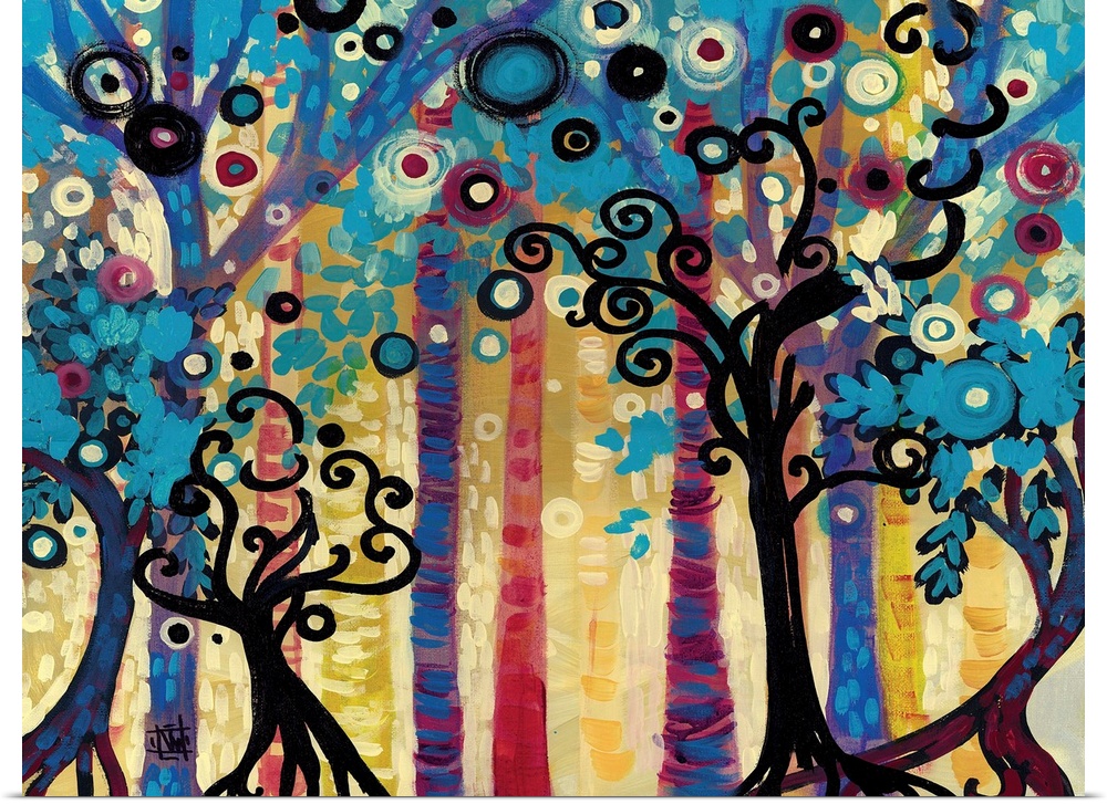Contemporary painting of a forest of trees with curly branches and spheres of color.