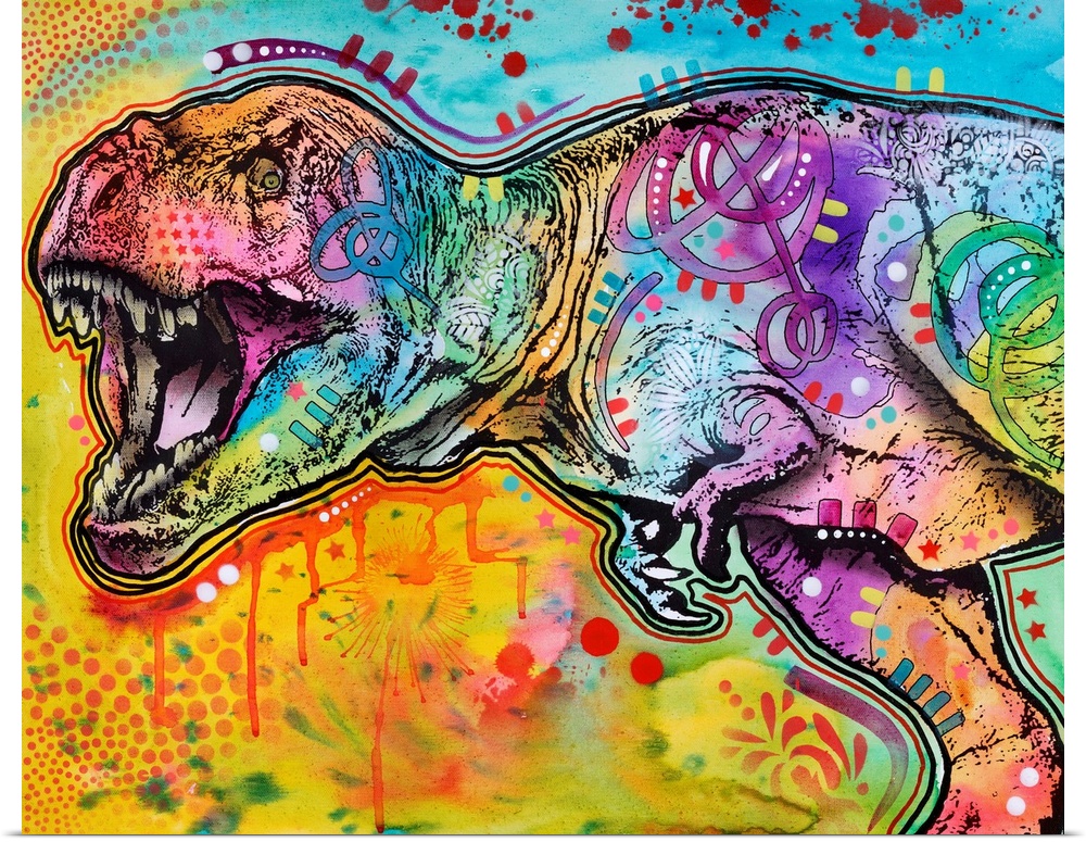 Colorful illustration of a scary looking T-rex with abstract markings and designs.