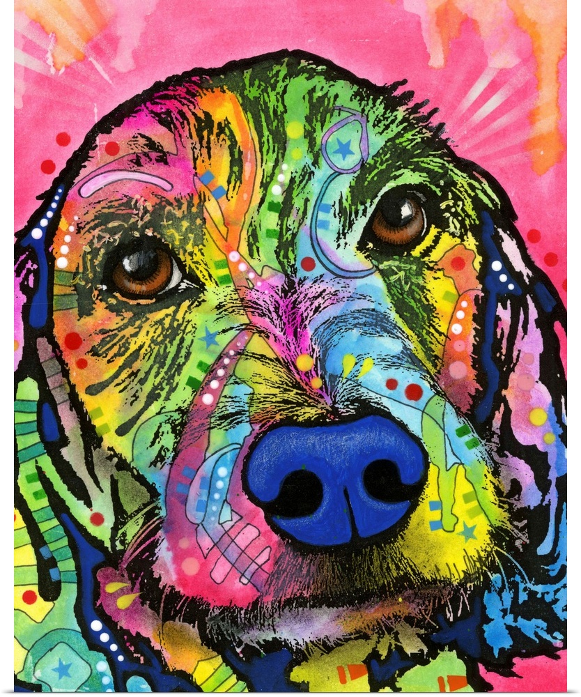 Pop art style painting of a colorful Cocker Spaniel with abstract designs on a pink background with white and orange paint...