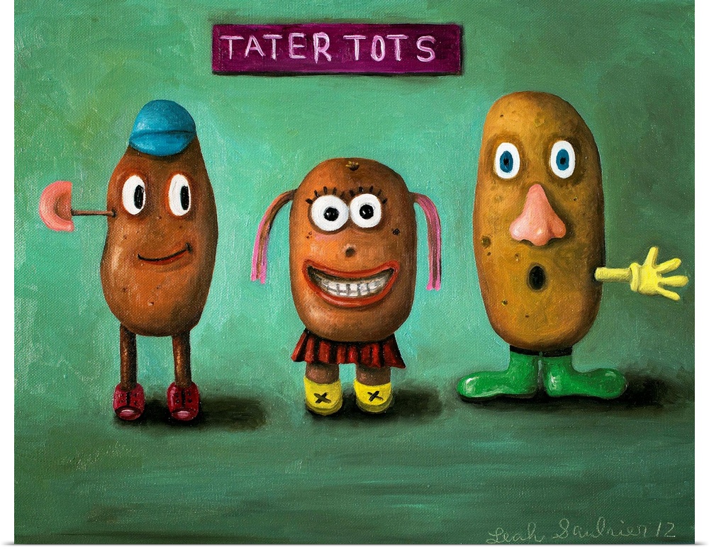 Surrealist painting of a portrait of a three potato head children.