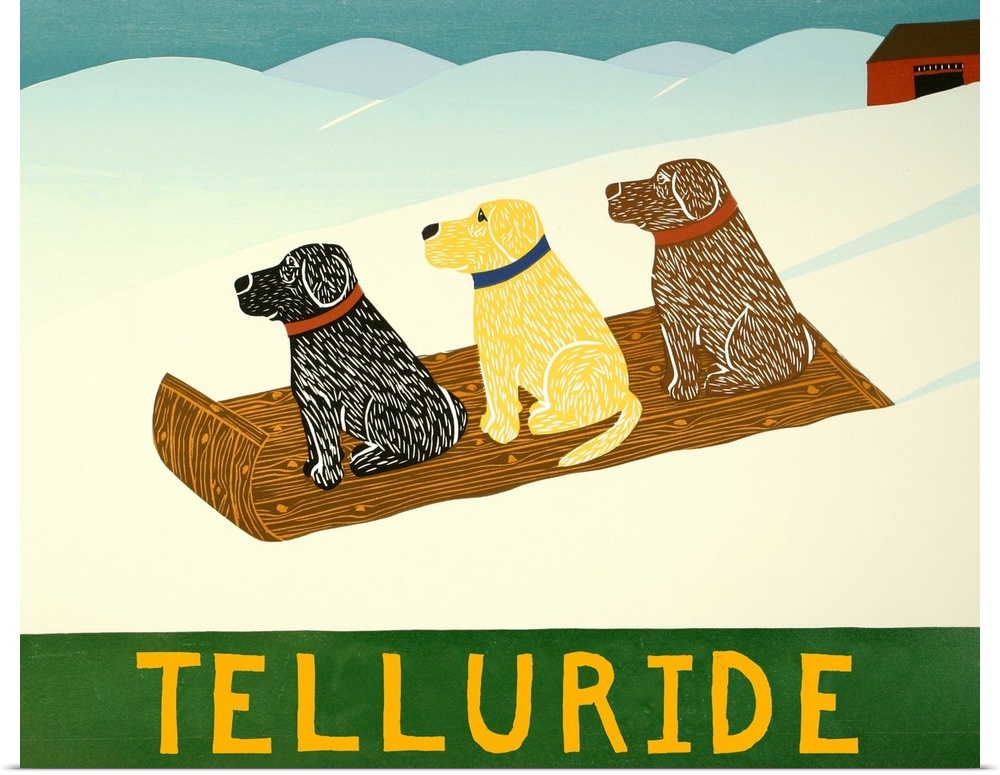 Illustration of a chocolate, yellow, and black lab sledding down the slopes with "Telluride" written on the bottom.