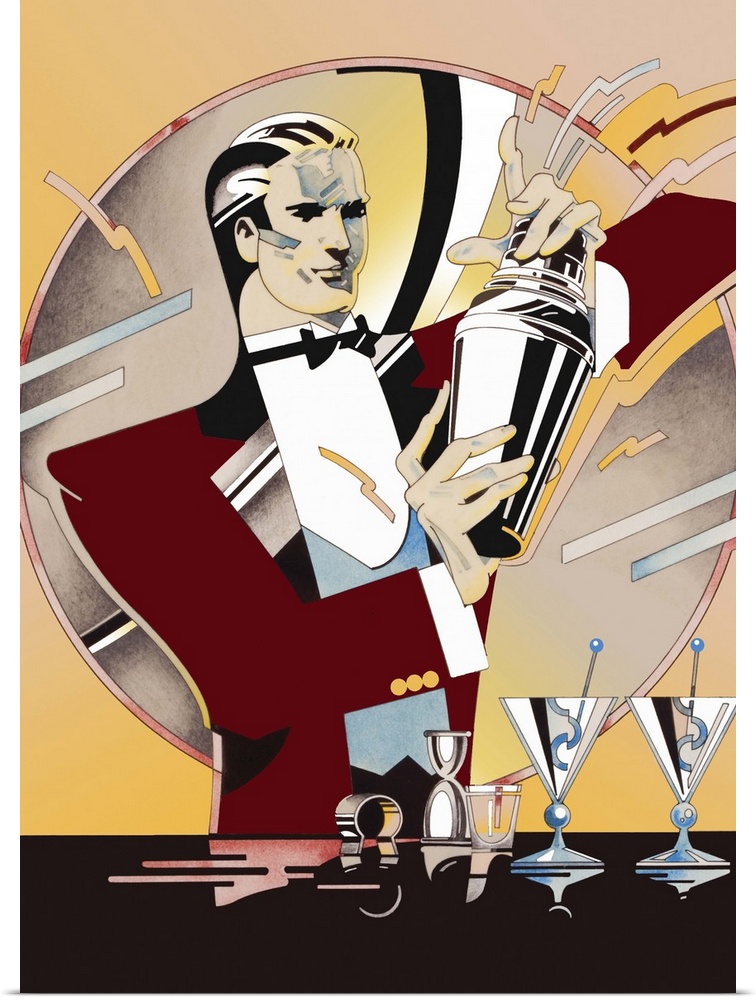 Art deco style illustration of a bartender preparing a cocktail in a shaker.