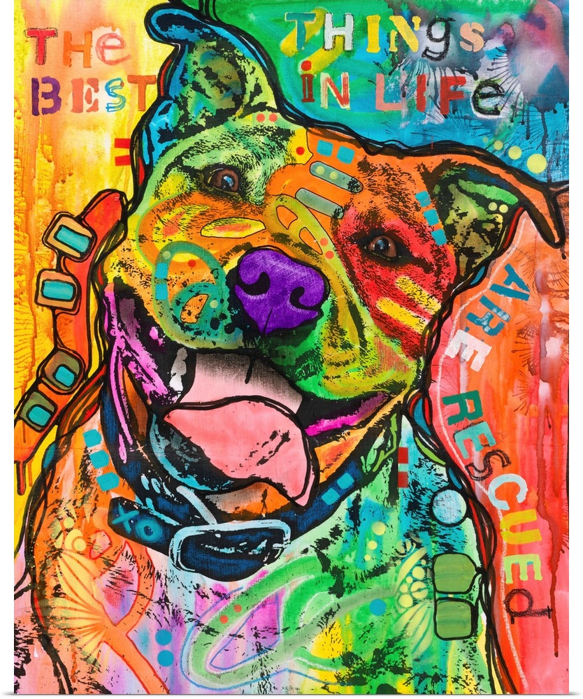 "The Best Things In Life Are Rescued" written around a colorful painting of a dog covered in abstract markings.
