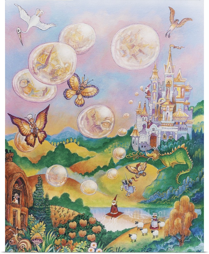 Bubble fairies float from a wizard's castle with butterflies.