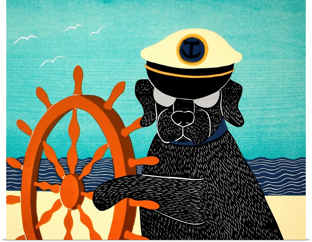 Illustration of a black lab wearing a sailors hat and pawing a ship wheel on the beach.