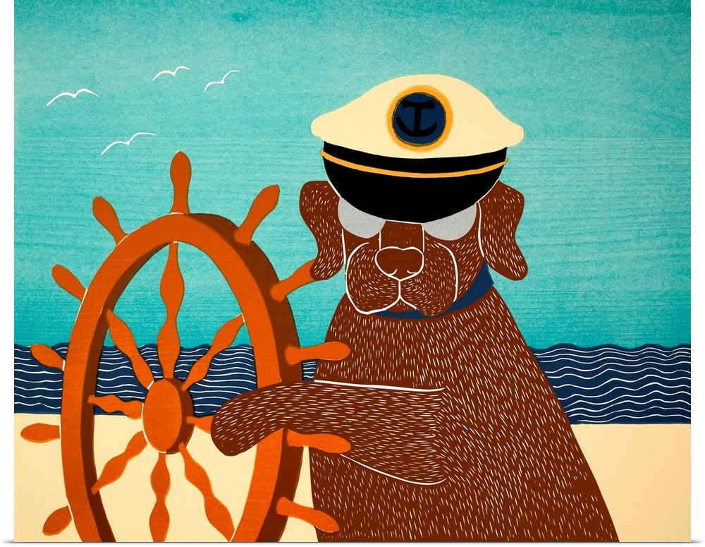 Illustration of a chocolate lab wearing a sailors hat and pawing a ship wheel on the beach.