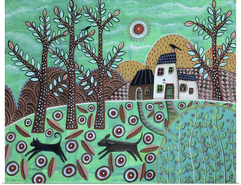 A contemporary folk art style painting of a rolling countryside landscape.