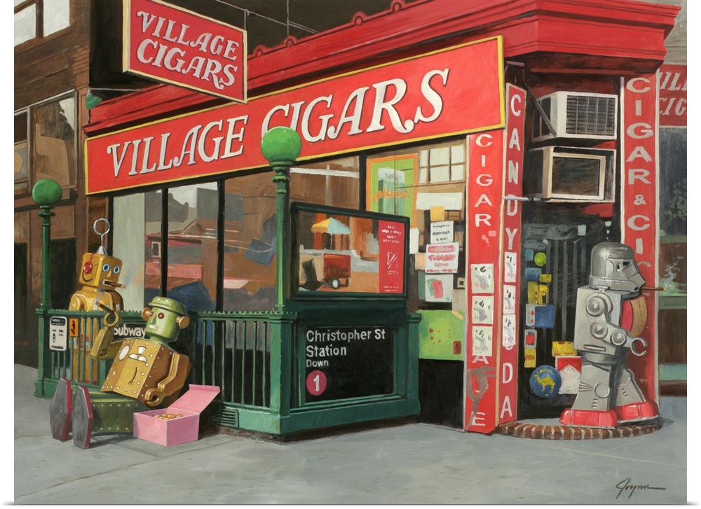 A contemporary painting of a city scene of retro toy robots walking in and around a cigar shop smoking cigars and eating d...