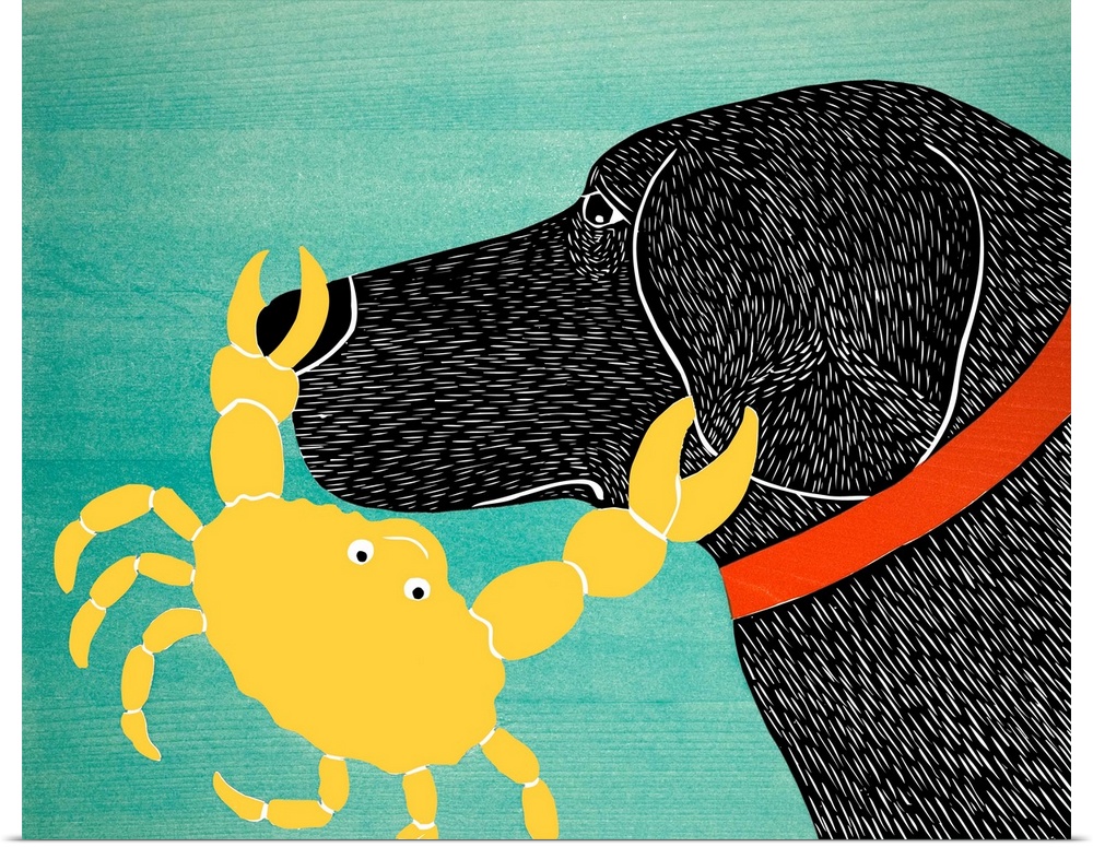 Illustration of a black lab with a yellow crab pinching its nose and ear.